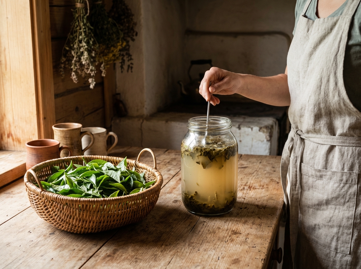 High quality lifestyle photography of fresh green tea leaves and a glass jar of fermenting tea, warm lighting, rustic kitchen background, 4:3, no text