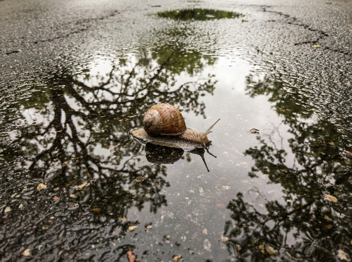 A high-angle view of a snail on a wet asphalt road after rain, reflections of trees in puddles, calm and peaceful atmosphere, photorealistic, 4:3 aspect ratio, no text.