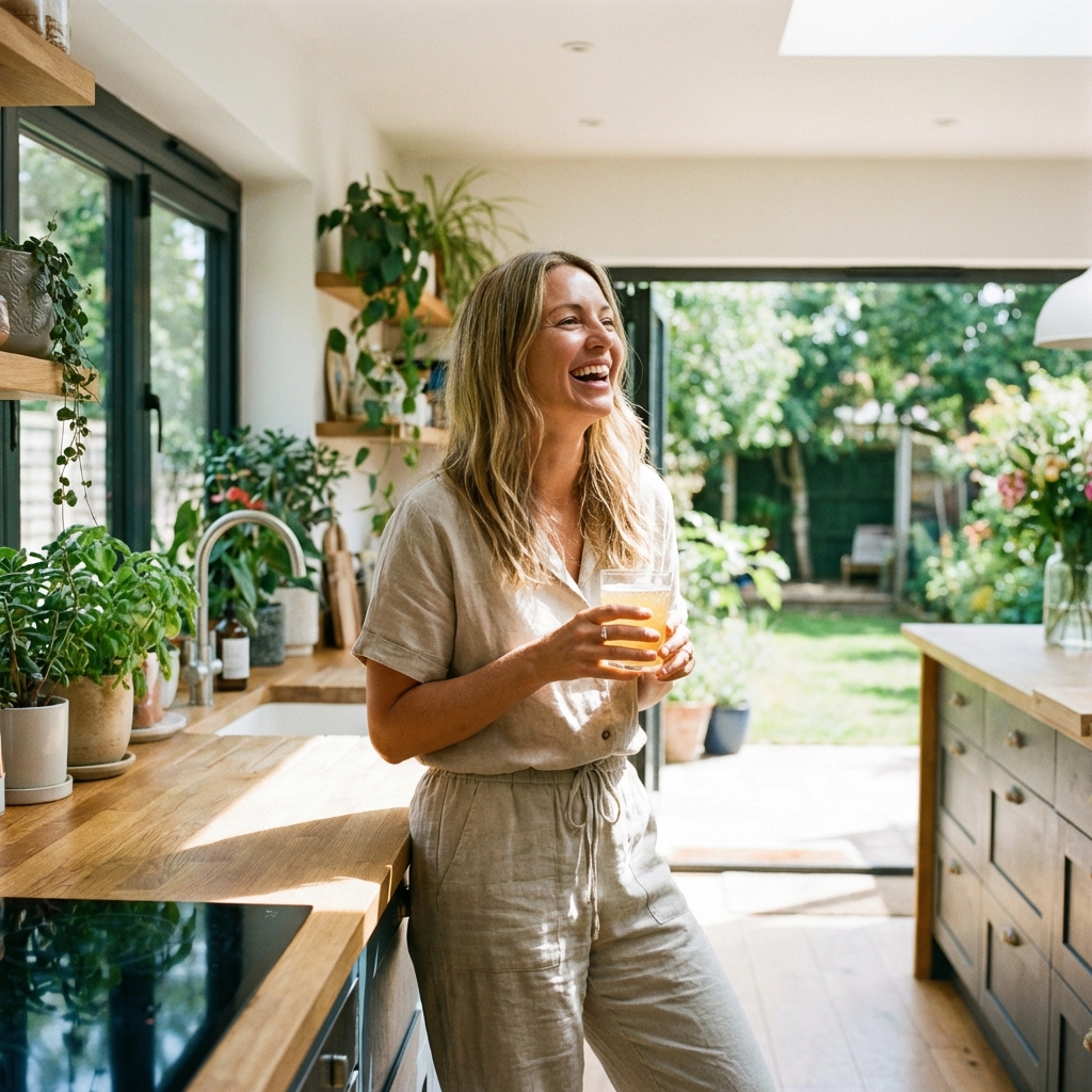 A happy person in their 40s with a radiant complexion holding a glass of kombucha, bright and airy modern kitchen setting, natural lifestyle photography, 1:1, no text