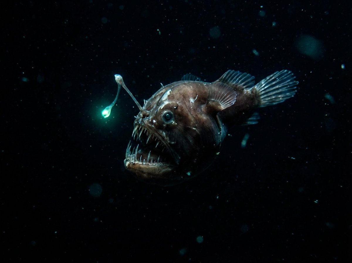 A deep sea anglerfish swimming in a very dark ocean environment, a small glowing light at the end of its antenna-like lure, mysterious atmosphere, high contrast, 4:3 aspect ratio, no text