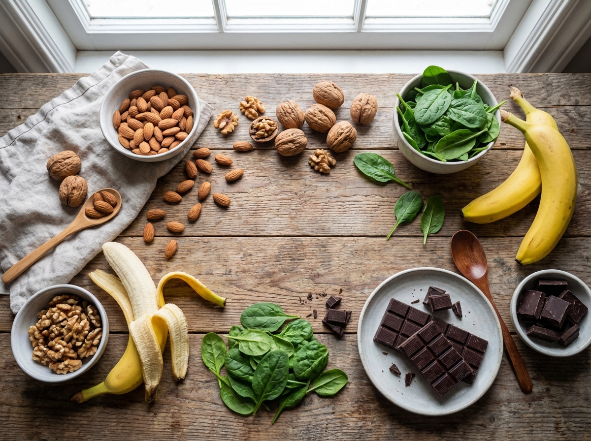 A flat lay photography of magnesium-rich foods including almonds, walnuts, bananas, spinach, and dark chocolate on a wooden table, bright and clean natural lighting, high resolution, 4:3 aspect ratio, no text.