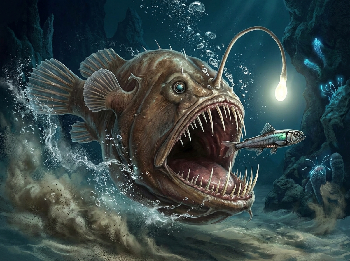 Realistic illustration of a large anglerfish opening its huge mouth with sharp teeth to catch a small fish, dynamic movement in water, bubbles, deep sea background, 4:3 aspect ratio, no text