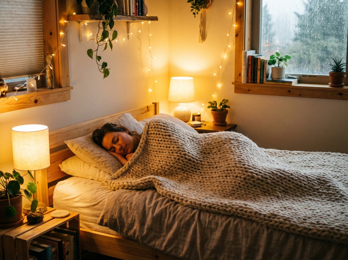 A cozy bedroom setting with a person sleeping peacefully under a soft blanket, warm and ambient night lighting, serene atmosphere, lifestyle photography, 4:3 aspect ratio, no text.