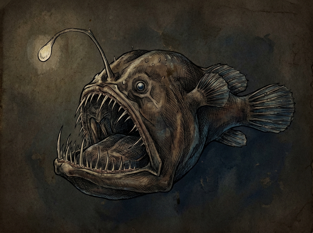 Detailed scientific illustration of an anglerfish showing its lure and flexible jaw structure, artistic rendering, textured dark background, 4:3 aspect ratio, no text