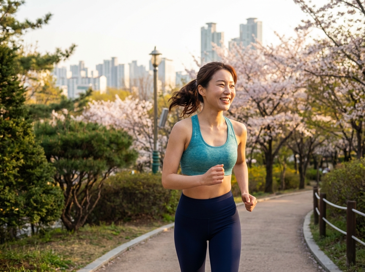 A healthy Korean woman jogging in a beautiful park during sunrise, wearing modern activewear, glowing skin, energetic expression, realistic photography, 4:3 aspect ratio, no text.
