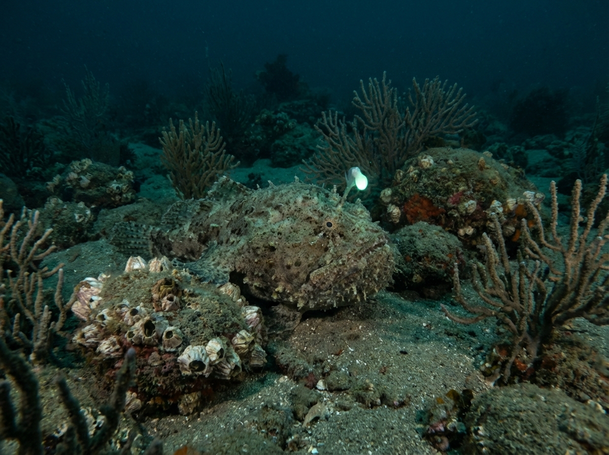 An anglerfish camouflaged on the sandy ocean floor, blending in with rocks and coral, only the glowing lure visible, realistic photography style, 4:3 aspect ratio, no text