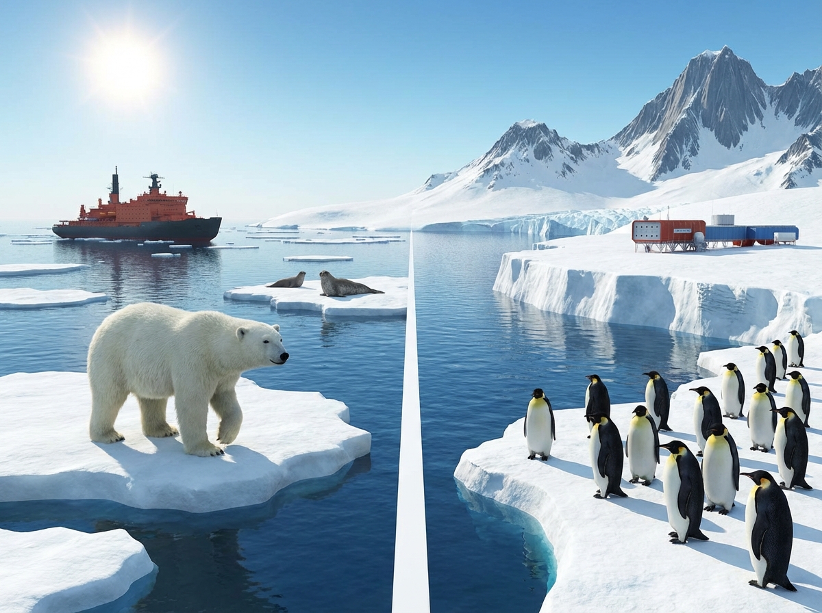 A high-quality 3D illustration comparing the Arctic and Antarctic environments. Left side shows the Arctic with floating sea ice and a polar bear. Right side shows the Antarctic as a massive ice-covered continent with high mountains and penguins. Bright lighting, clean layout, 4:3 aspect ratio, no text.