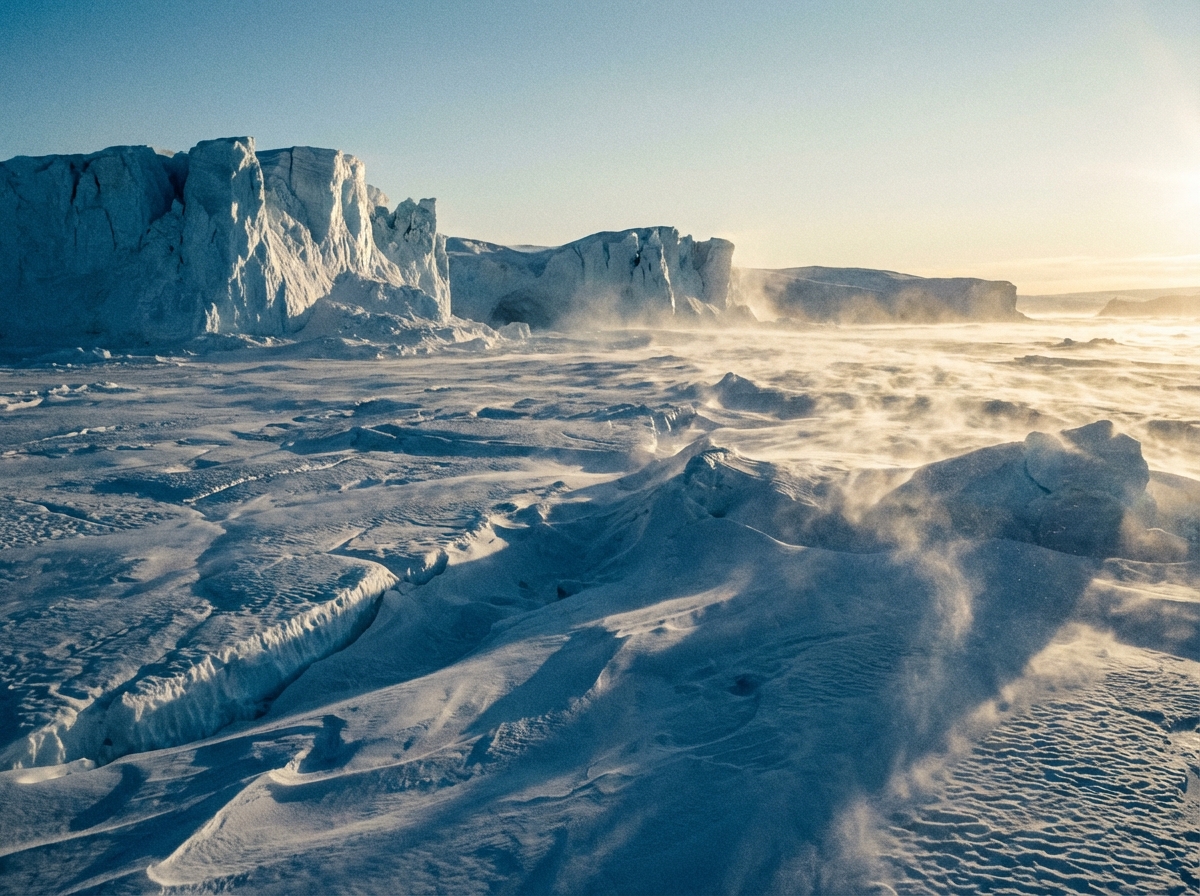 A realistic wide shot of the vast Antarctic ice plateau with towering glaciers and snow blowing in the wind. The sunlight is low on the horizon, creating long shadows and a cold atmosphere. Cinematic photography, high detail, 4:3 aspect ratio, no text.