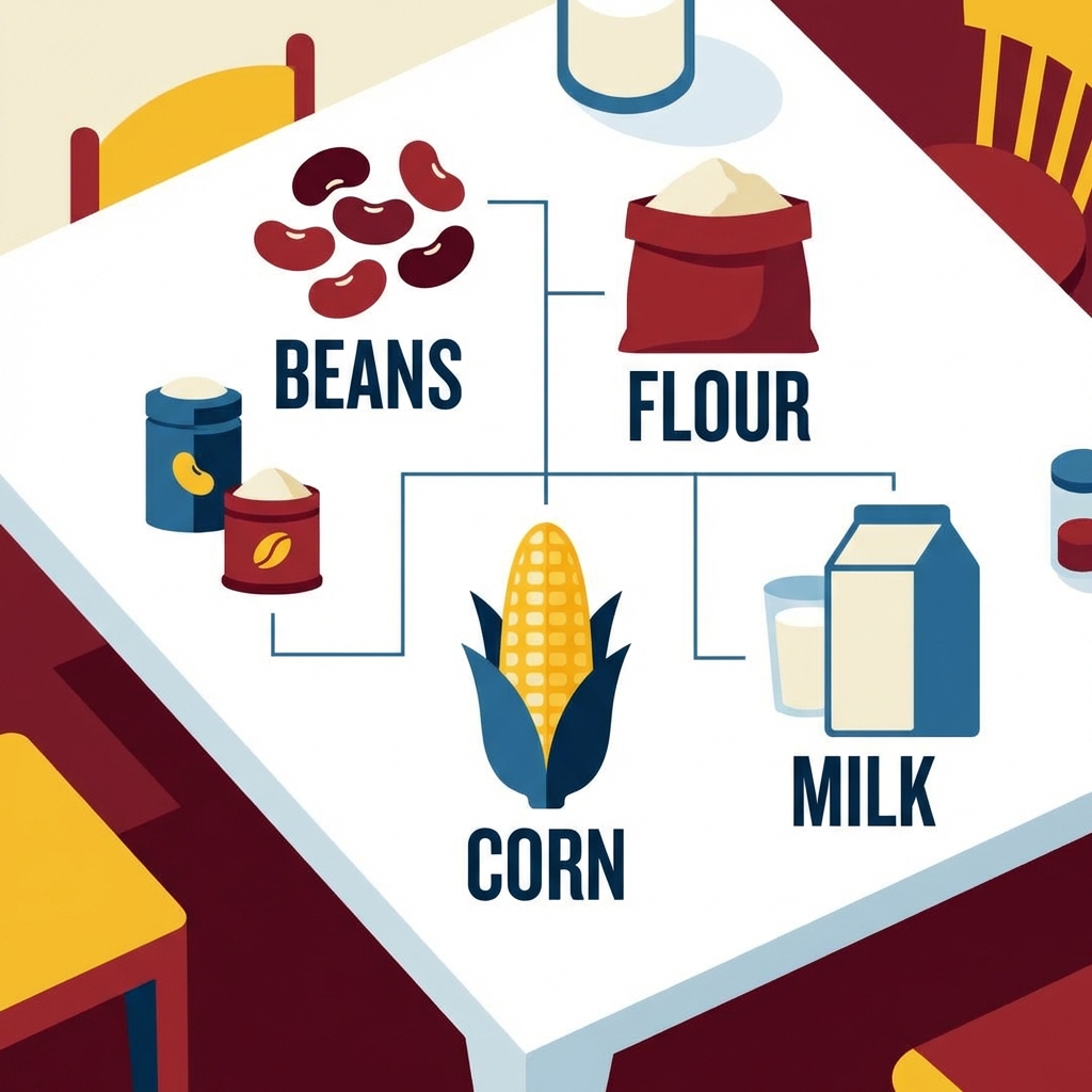 Clean infographic style illustration of beans, flour, corn, and milk arranged on a kitchen table, bright and high contrast, modern layout, 1:1