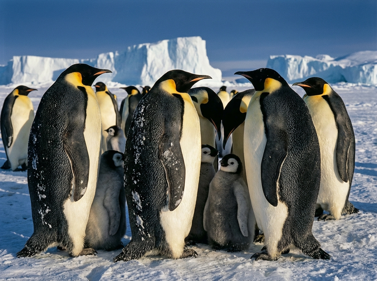 A group of Emperor penguins standing on a thick ice sheet in Antarctica. In the background, there are majestic icebergs and a deep blue sky. Close-up on the penguins showing their detailed feathers. High quality, realistic nature photography, 4:3 aspect ratio, no text.