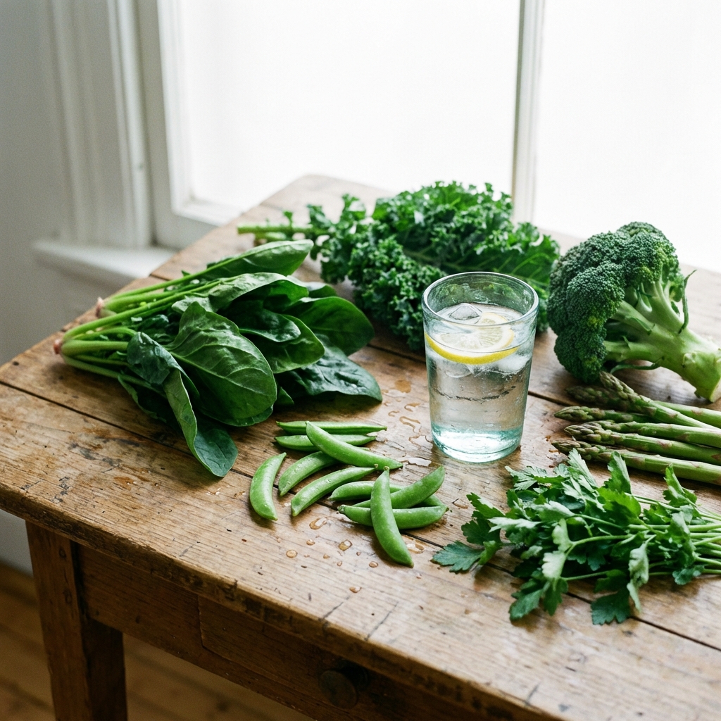 High quality photography of fresh green vegetables and a clear glass of water on a wooden table, bright and clean composition, 1:1