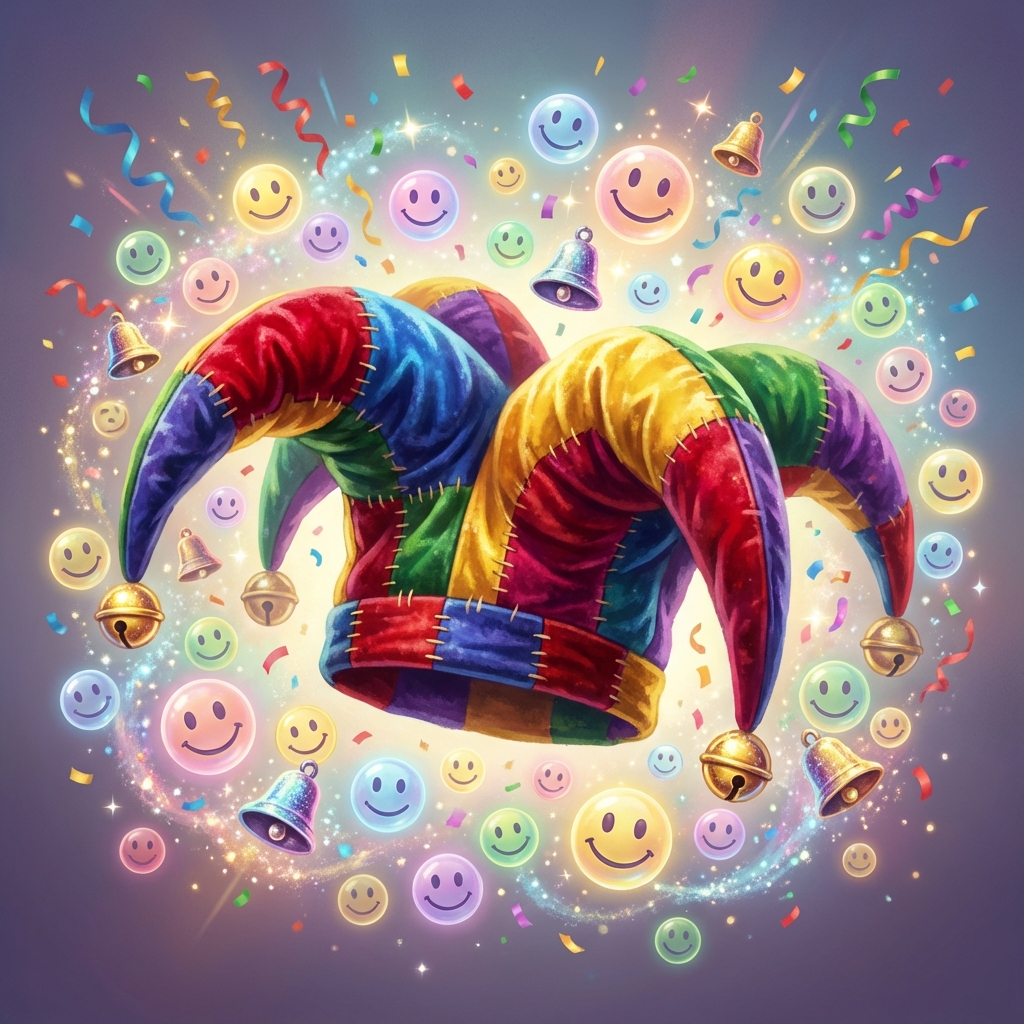 A colorful jester hat with bells and smiley face icons floating around it, vibrant and playful atmosphere, celebratory mood, high quality digital illustration, 1:1 aspect ratio, no text.