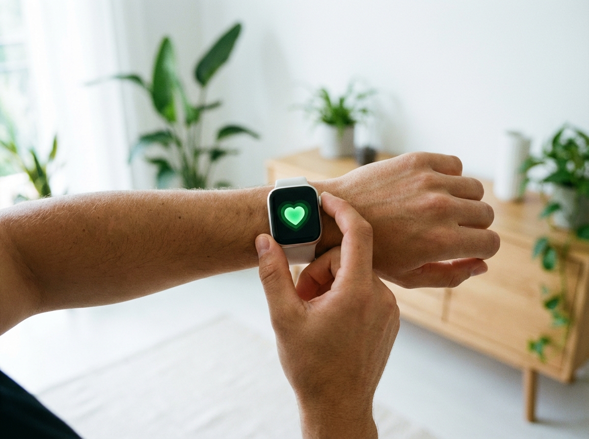 A healthy person checking their heart rate on a modern smartwatch, focus on the wrist and the glowing digital screen showing a heart icon, bright and clean indoor lighting, lifestyle photography, natural and calm atmosphere, 4:3 aspect ratio, no visible text.