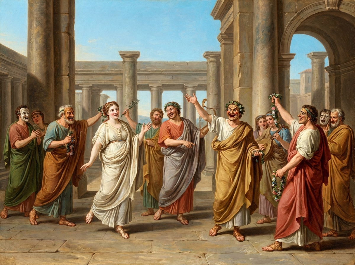 People in ancient Roman clothing wearing expressive theater masks, celebrating a festival in a sunny stone plaza, joyful and lively scene, classical oil painting style, 4:3 aspect ratio, no text.