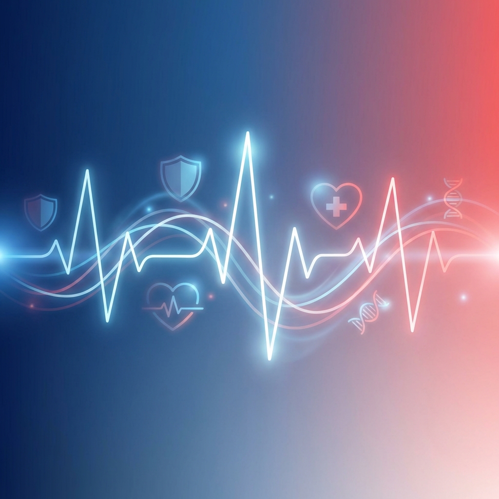 Modern and clean background with abstract heart pulse lines and glowing health icons, high contrast gradient background in blue and soft red tones, professional and informational layout, visually rich composition, 1:1 aspect ratio, no visible text.