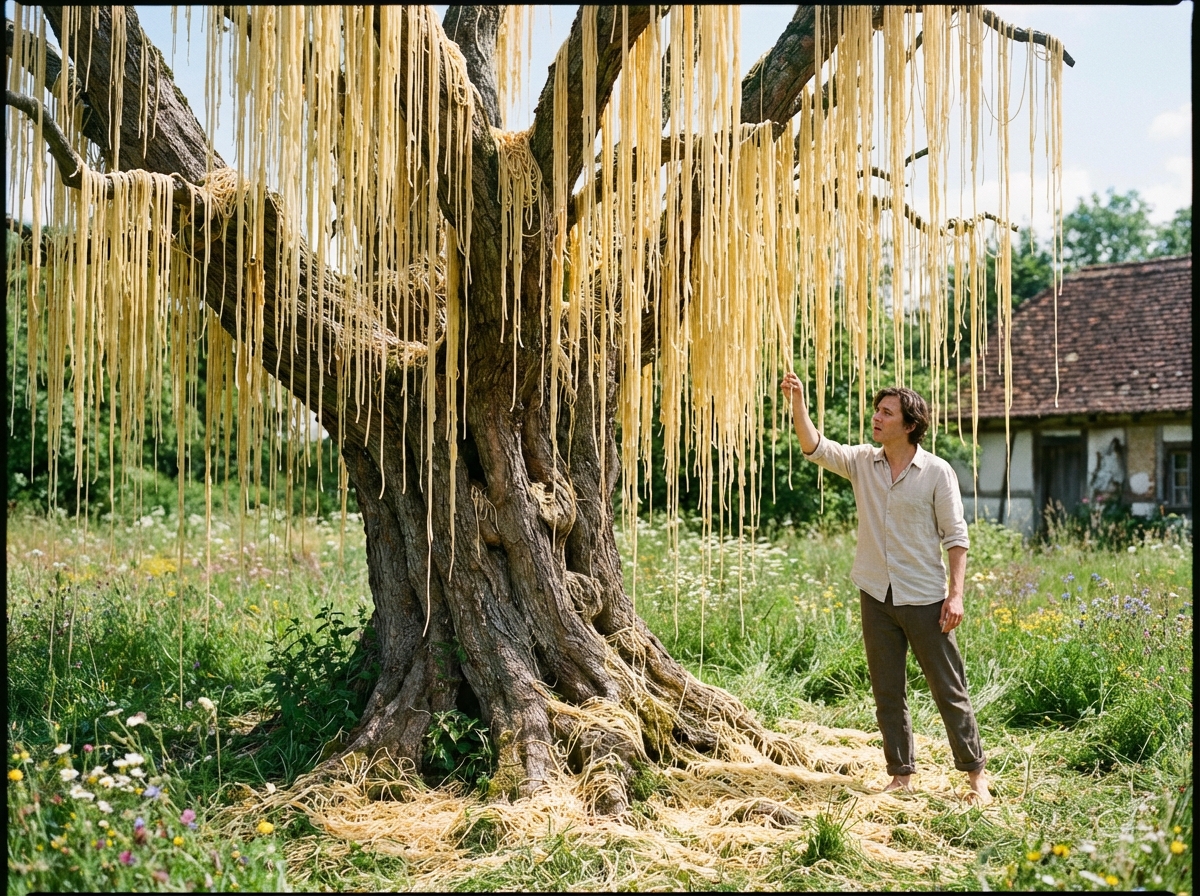 A surreal image of a lush tree with long spaghetti noodles hanging from its branches like willow leaves, a curious person looking at the tree, bright daylight, realistic photography style, 4:3 aspect ratio, no text.