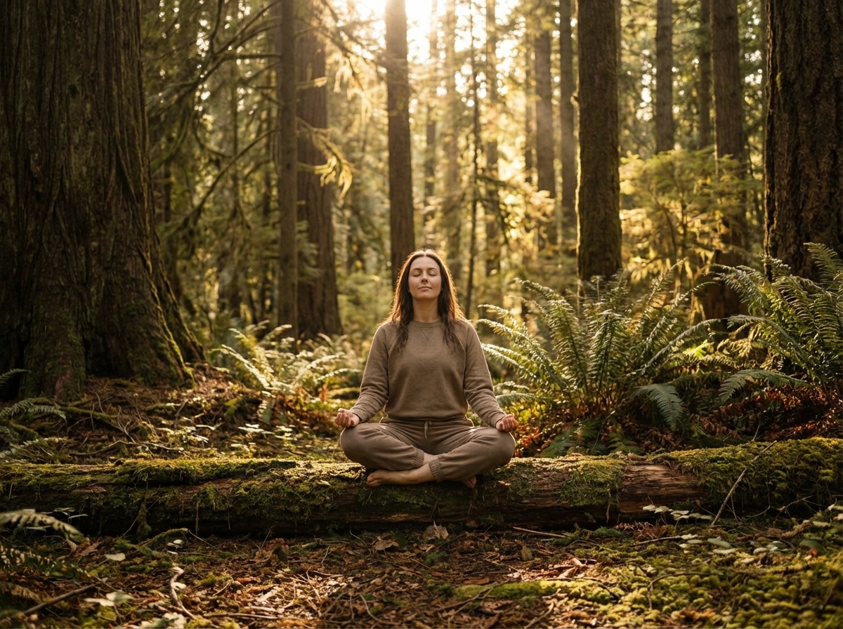 A person practicing deep breathing and meditation in a peaceful forest setting, dappled sunlight through trees, serene facial expression, calm and natural colors, warm lighting, high quality lifestyle photography, 4:3 aspect ratio, no visible text.