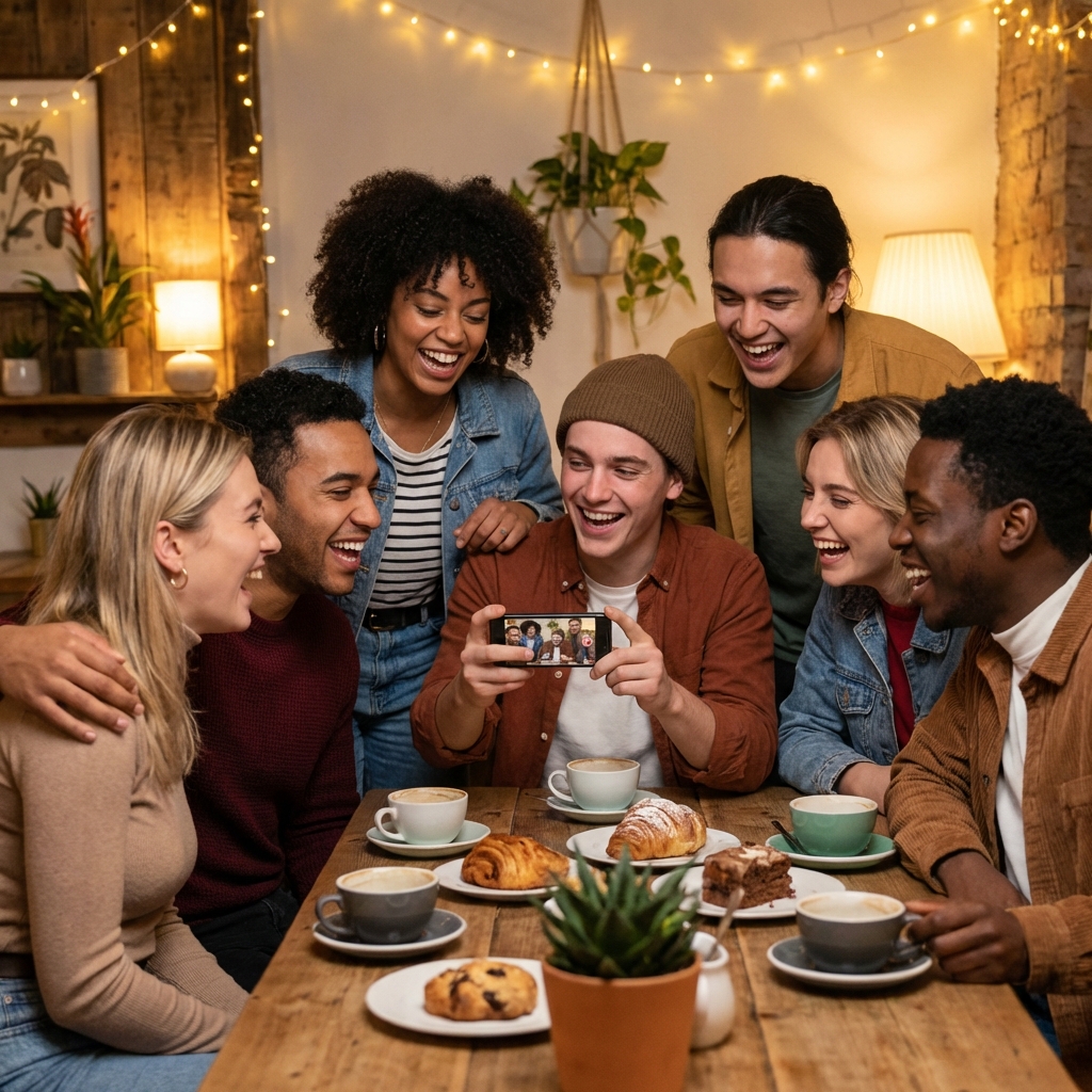 A group of diverse young friends laughing together in a cozy cafe, one person showing a funny prank on a smartphone, warm lighting, natural lifestyle photography, 1:1 aspect ratio, no text.