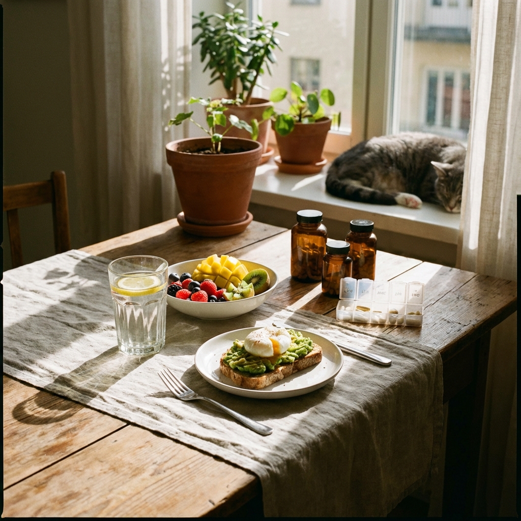 A healthy breakfast scene with a glass of water, fresh fruits, and supplements on a wooden table, bright morning sunlight coming through a window, cozy and clean atmosphere, detailed composition, 1:1 aspect ratio, no visible text.