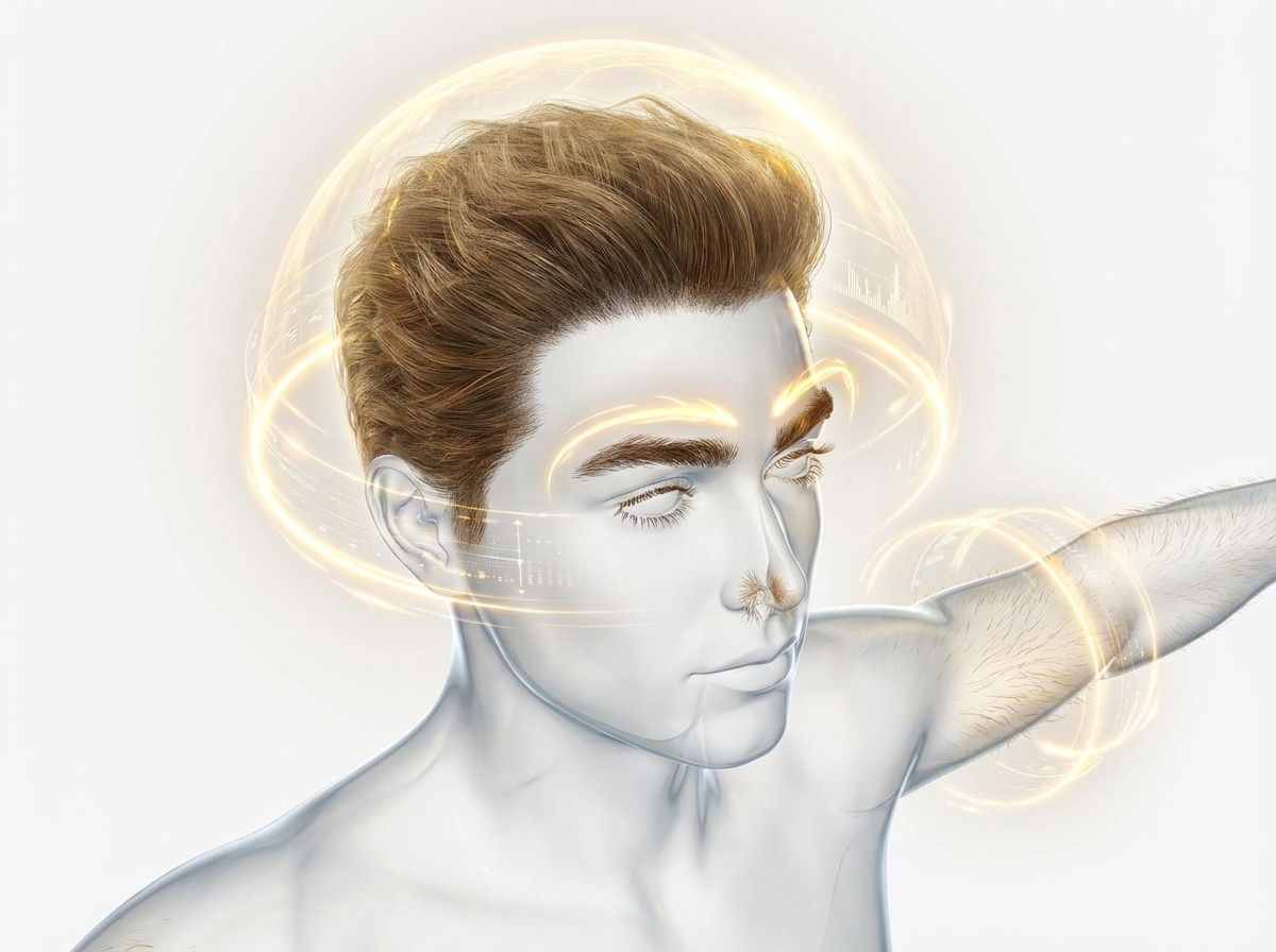 A high-quality 3D medical illustration of a human body showing various types of hair like hair on the head, eyebrows, and arm hair. Glowing golden energy shields represent the protective functions of each hair type. Bright, modern, informational aesthetic, 4:3 aspect ratio, no text.