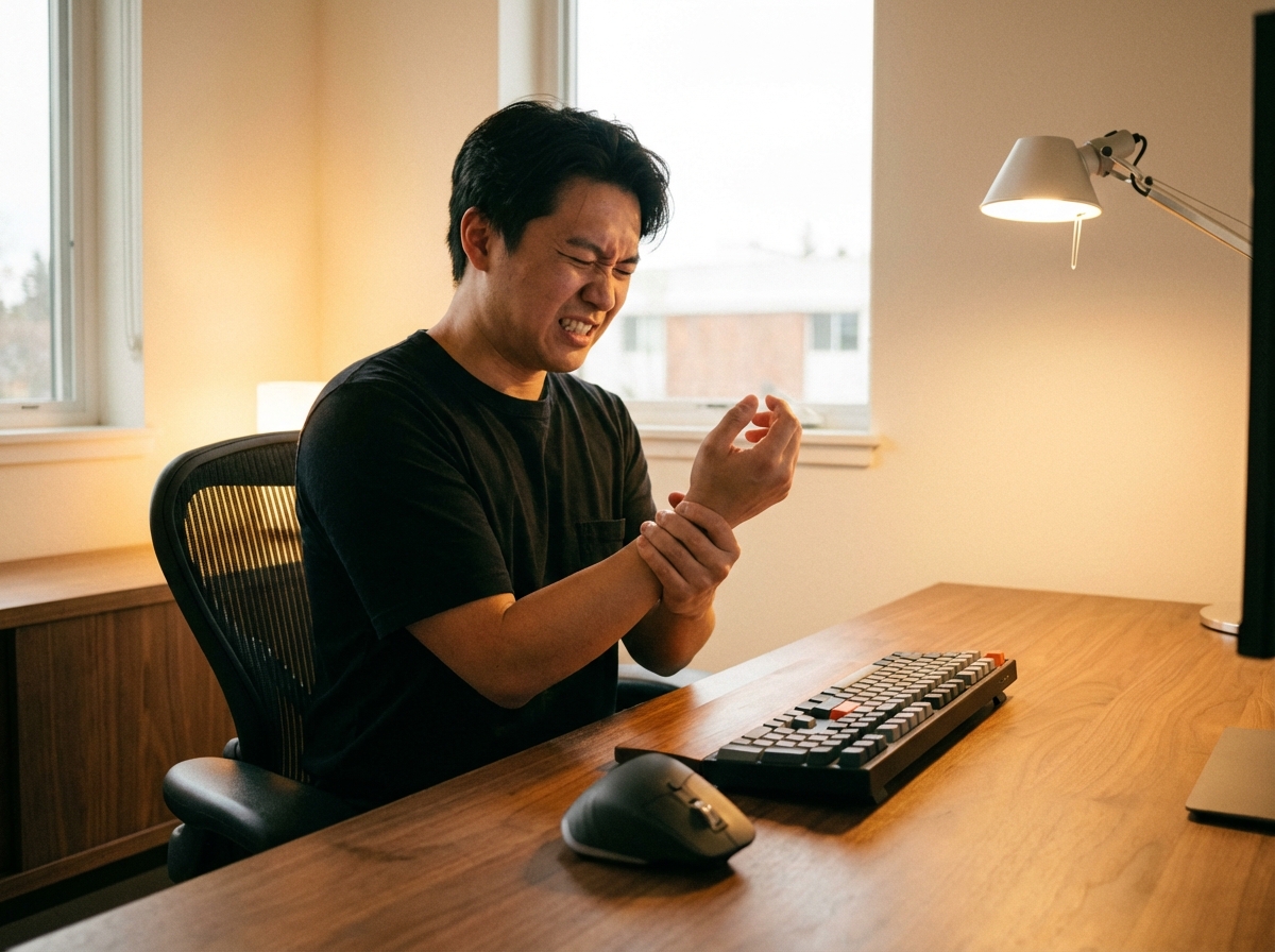 A person sitting at a modern office desk holding their wrist with a painful expression. A computer mouse and keyboard are visible. High-quality lifestyle photography, warm indoor lighting, 4:3 aspect ratio, no text.