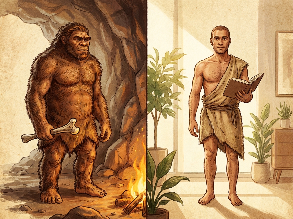 A split-screen illustration showing a prehistoric human ancestor with thick fur on the left and a modern human with minimal body hair on the right. Warm lighting, artistic rendering, textured background, 4:3 aspect ratio, no text.