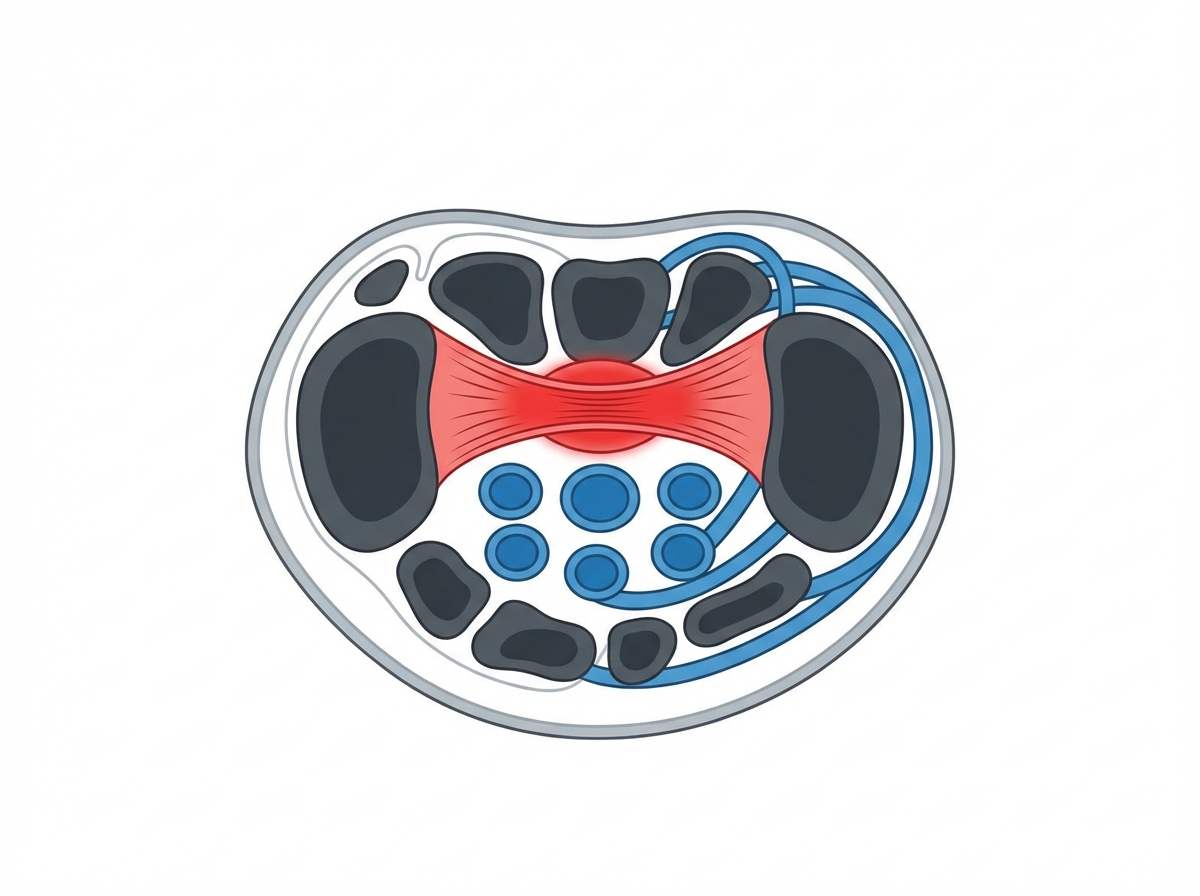 A clean medical illustration showing the cross-section of a human wrist, highlighting the carpal tunnel and the median nerve being compressed. Modern layout, high contrast, informative style, 4:3 aspect ratio, no text.