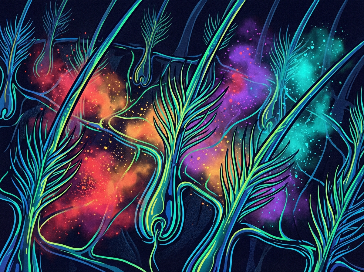 A detailed close-up illustration of microscopic hair follicles acting as a filter against colorful dust particles. High contrast, clean infographic style, vibrant colors, 4:3 aspect ratio, no text.