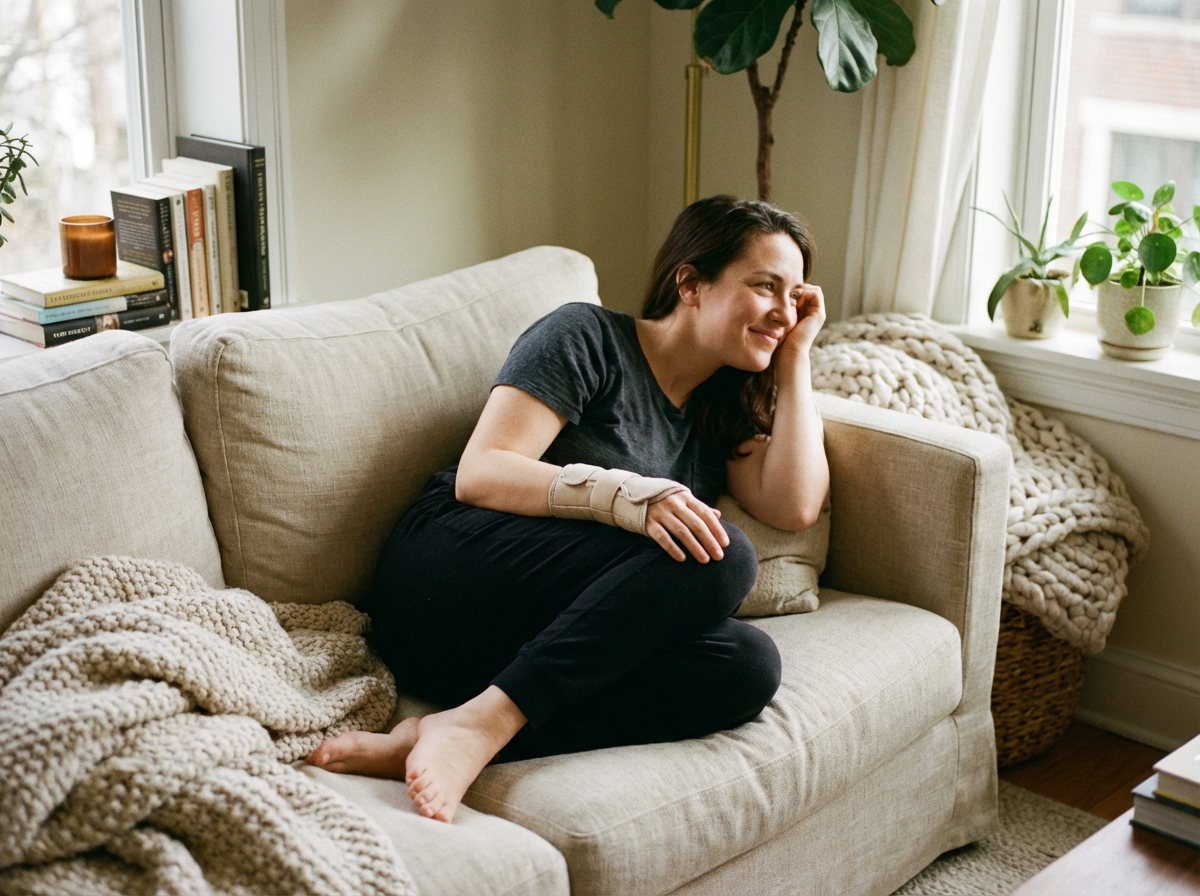 A person wearing a comfortable fabric wrist brace while sitting on a sofa, looking relaxed. Natural lighting, cozy atmosphere, 4:3 aspect ratio, no text.