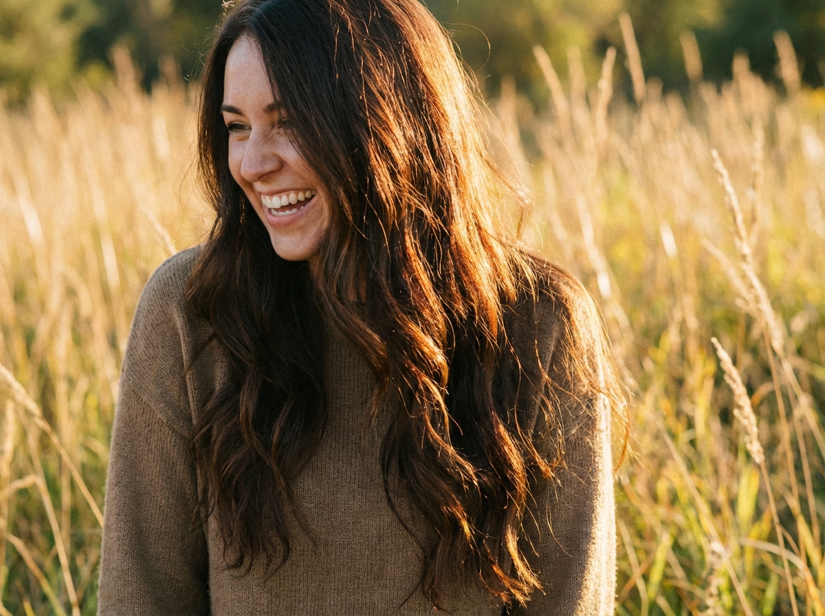 A realistic lifestyle photography of a person with healthy, shiny hair. Warm sunlight reflecting off the strands, natural setting, high quality, 4:3 aspect ratio, no text.