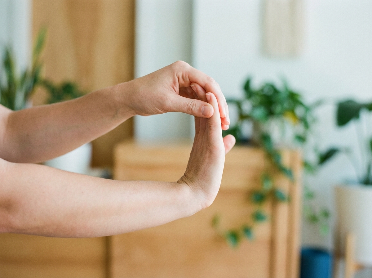 Close-up of hands performing a wrist extension stretch. Soft focus background, clean and professional look, 4:3 aspect ratio, no text.