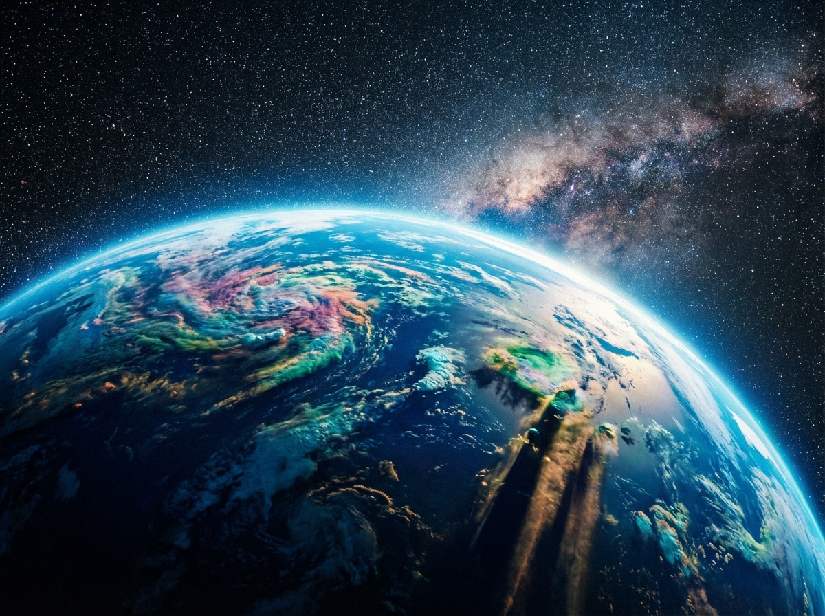 A cinematic view of planet Earth from space, glowing blue atmosphere, vibrant clouds and oceans, surrounded by stars, high detail, realistic lighting, 4:3, no text