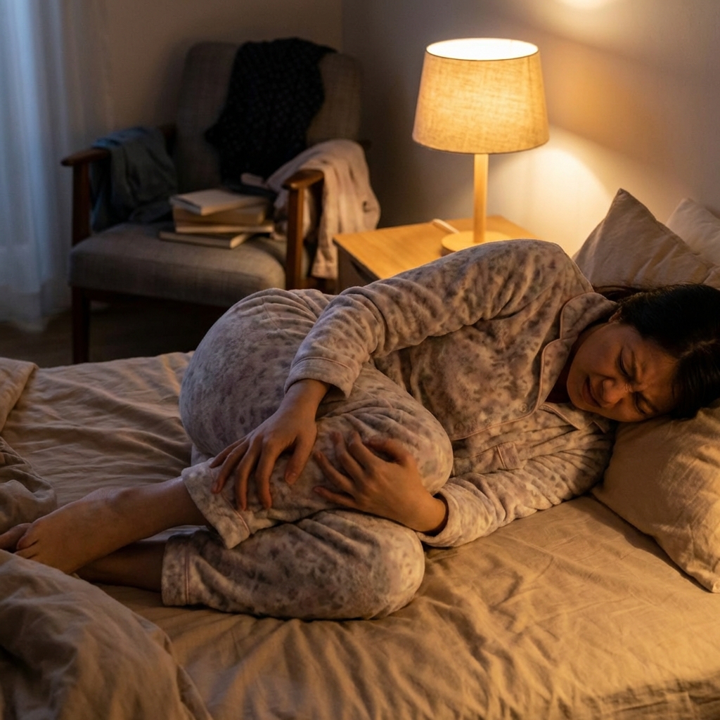 A person in pajamas sitting on a bed at night, holding their calf in pain due to a leg cramp. The room is dimly lit with warm bedside lighting. Realistic lifestyle photography, 1:1 aspect ratio, no text.