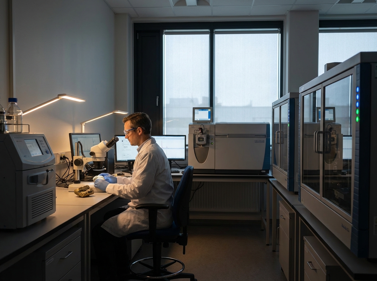 A modern scientific laboratory with high-tech equipment for radiometric dating, scientist analyzing minerals, soft lighting, professional atmosphere, 4:3, no text