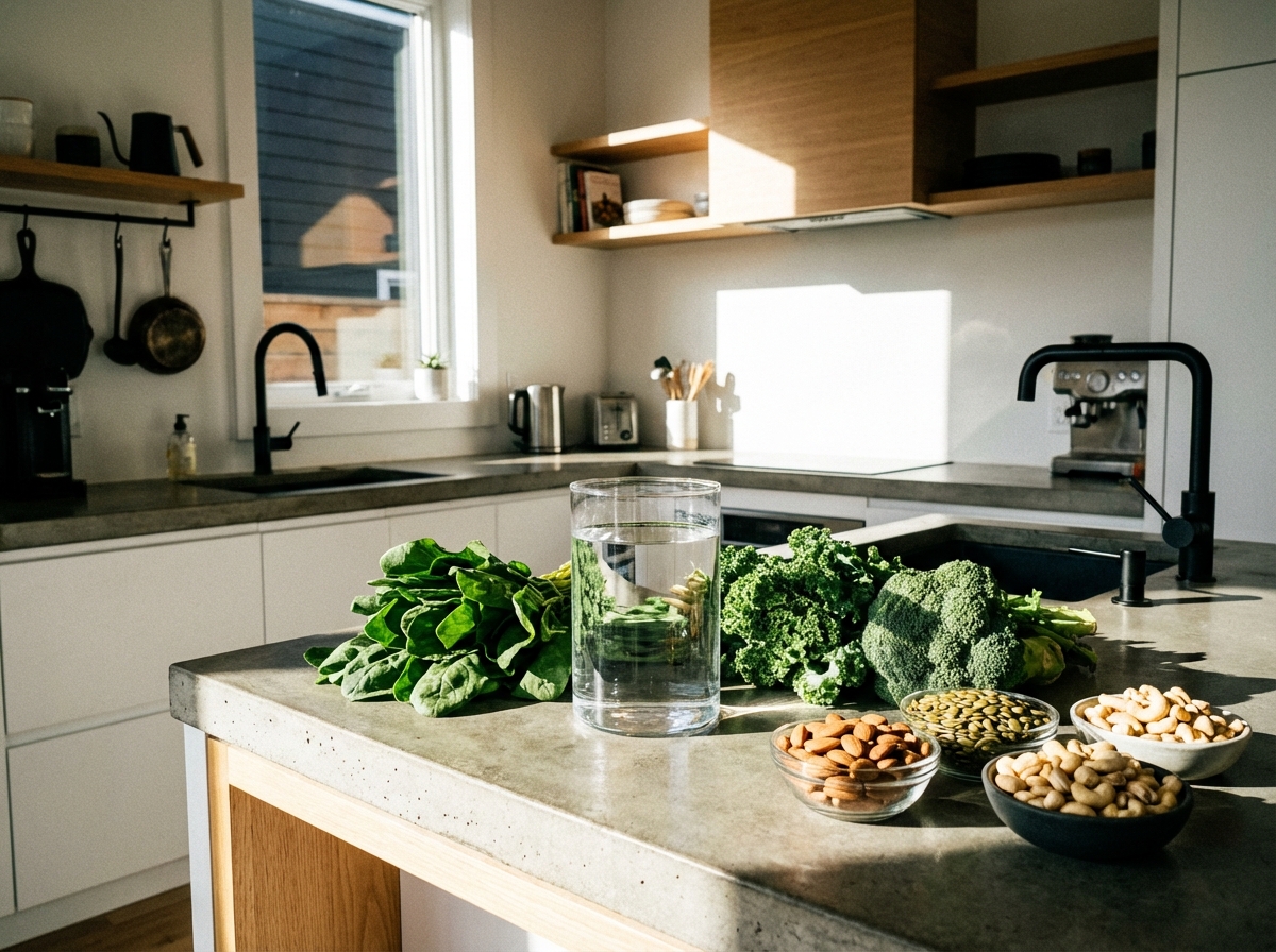 A clean and bright kitchen setting with a large glass of clear water, fresh green vegetables, and nuts representing magnesium and minerals. High contrast, modern layout, 4:3 aspect ratio, no text.