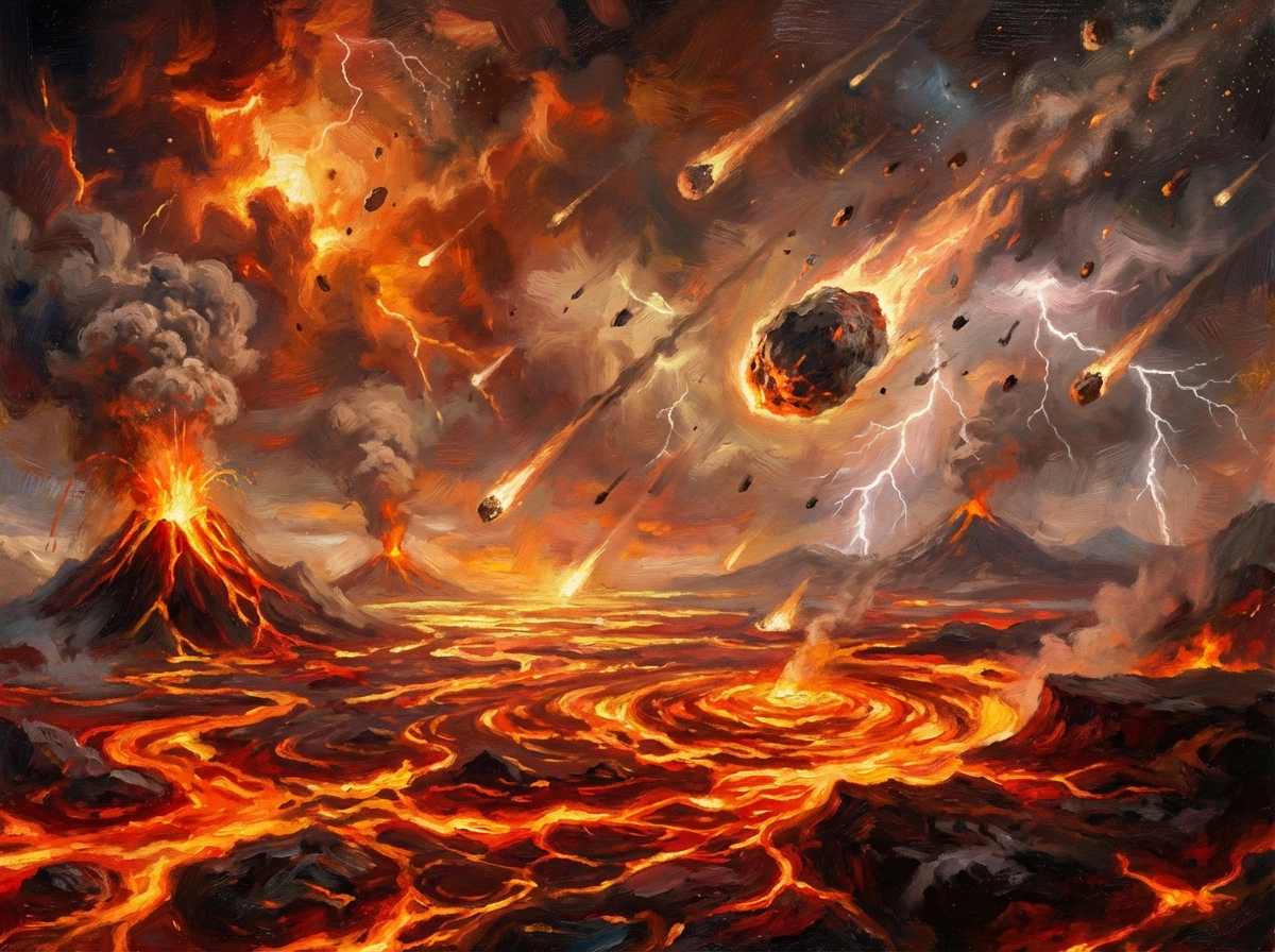 Artistic rendering of the early Earth 4.6 billion years ago, glowing magma oceans, volcanic activity, asteroids falling from the sky, dramatic and intense atmosphere, 4:3, no text