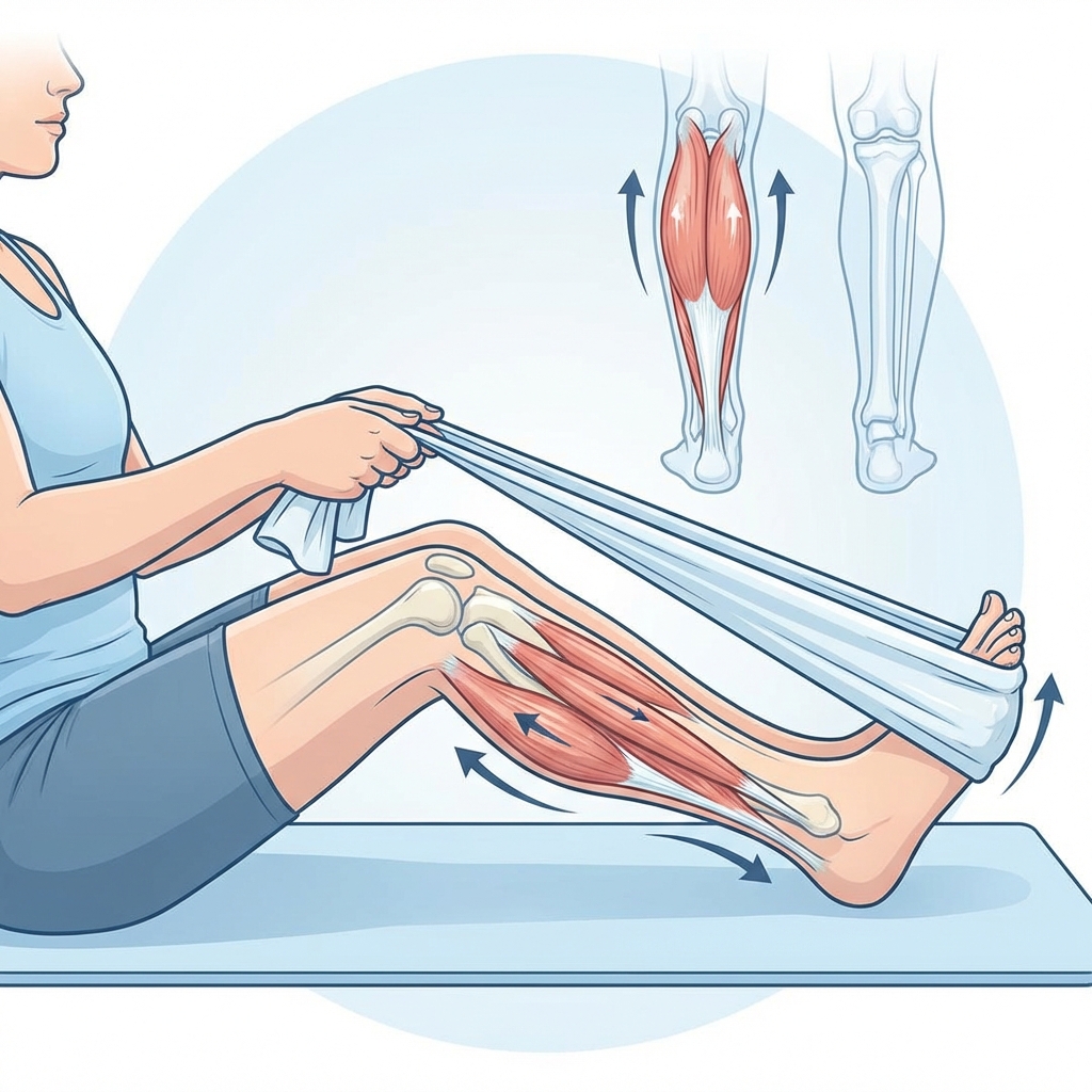 A detailed infographic-style illustration showing a person performing a calf stretch using a towel. Clean lines, soft blue and white background, centered focus, 1:1 aspect ratio, no text.