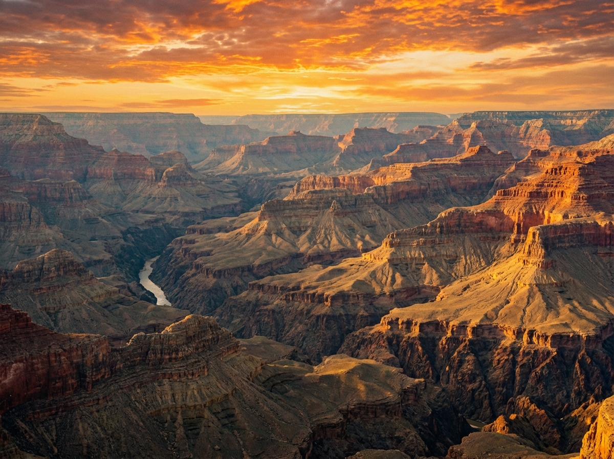 The Grand Canyon with visible geological layers, dramatic sunset lighting, vast landscape, showing the passage of time through rock formations, realistic photography, 4:3, no text