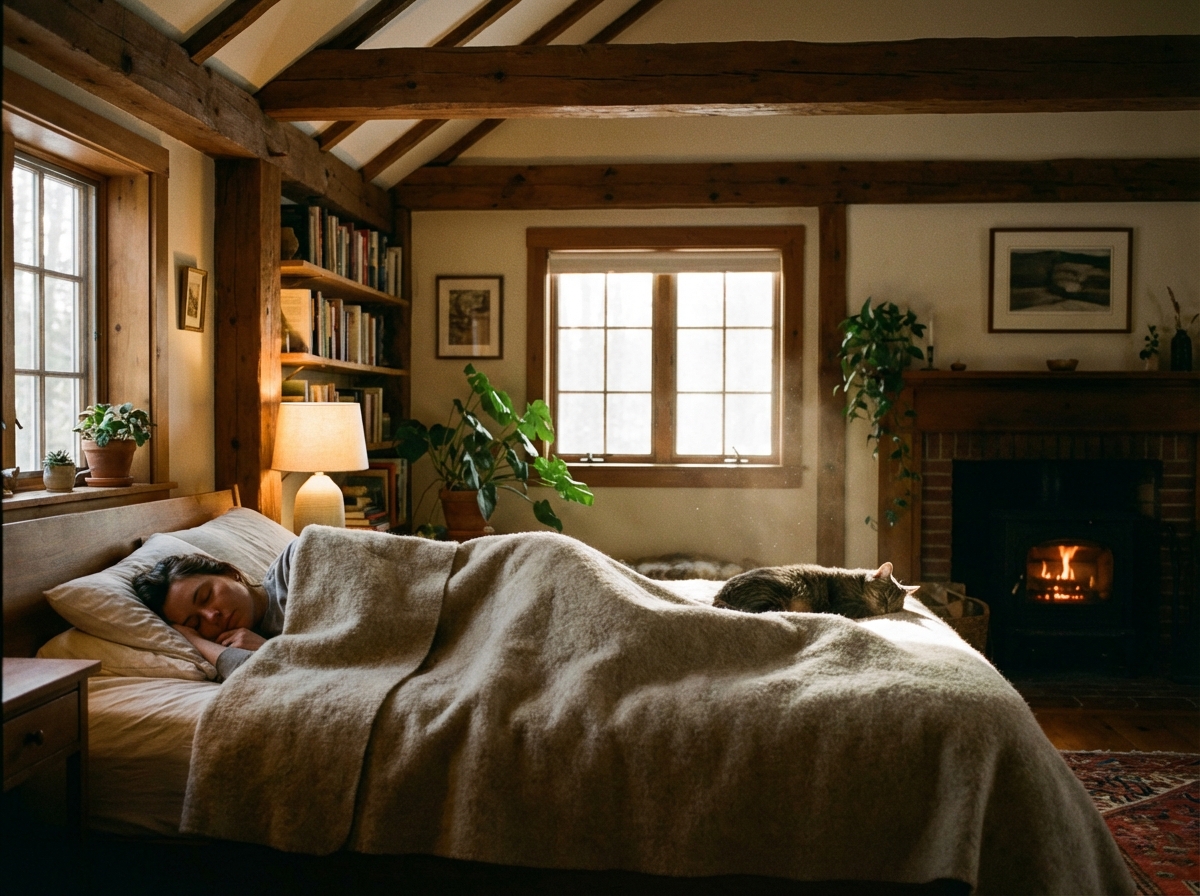 A cozy and peaceful bedroom scene showing a person sleeping soundly under a thick blanket. Warm lighting, calm atmosphere, realistic photography, 4:3 aspect ratio, no text.
