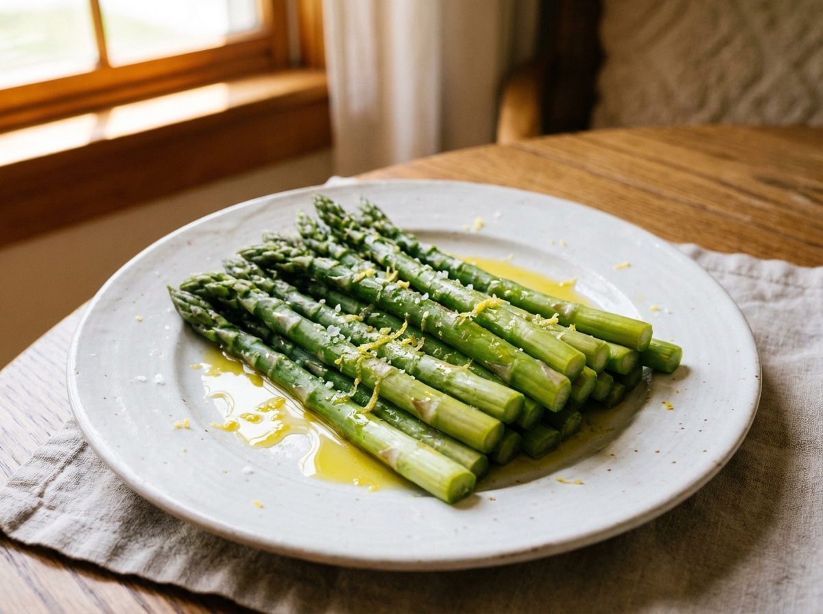Lightly blanched asparagus spears on a white ceramic plate, drizzled with olive oil, close-up lifestyle photography, warm tones, 4:3, no text