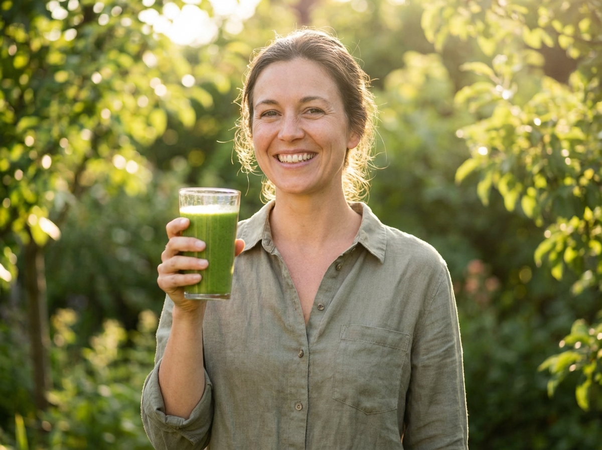 A happy person holding a glass of green juice, blurred background of a sunny garden, natural expression, warm lighting, 4:3, no text
