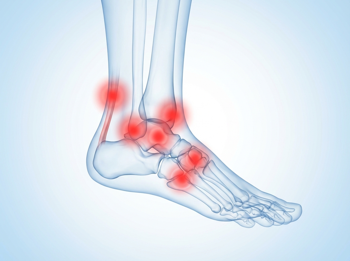 A clean medical infographic showing a human ankle with various pain points highlighted in soft red circles. Modern layout, high contrast, soft blue and white background, no text on the image, 4:3 aspect ratio.