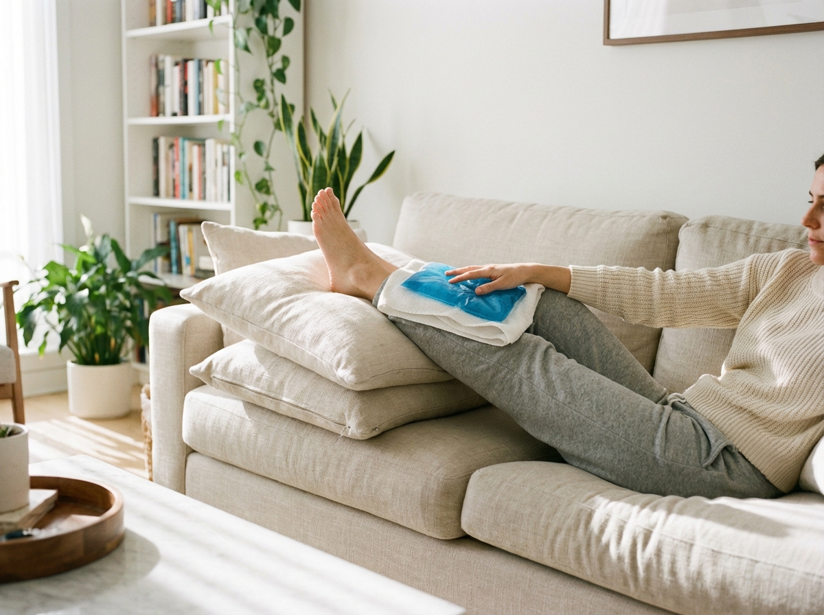 A person lying on a sofa with their foot elevated on pillows, applying a soft blue ice pack wrapped in a thin towel to the ankle. Realistic setting, bright and clean indoor lighting, 4:3 aspect ratio.