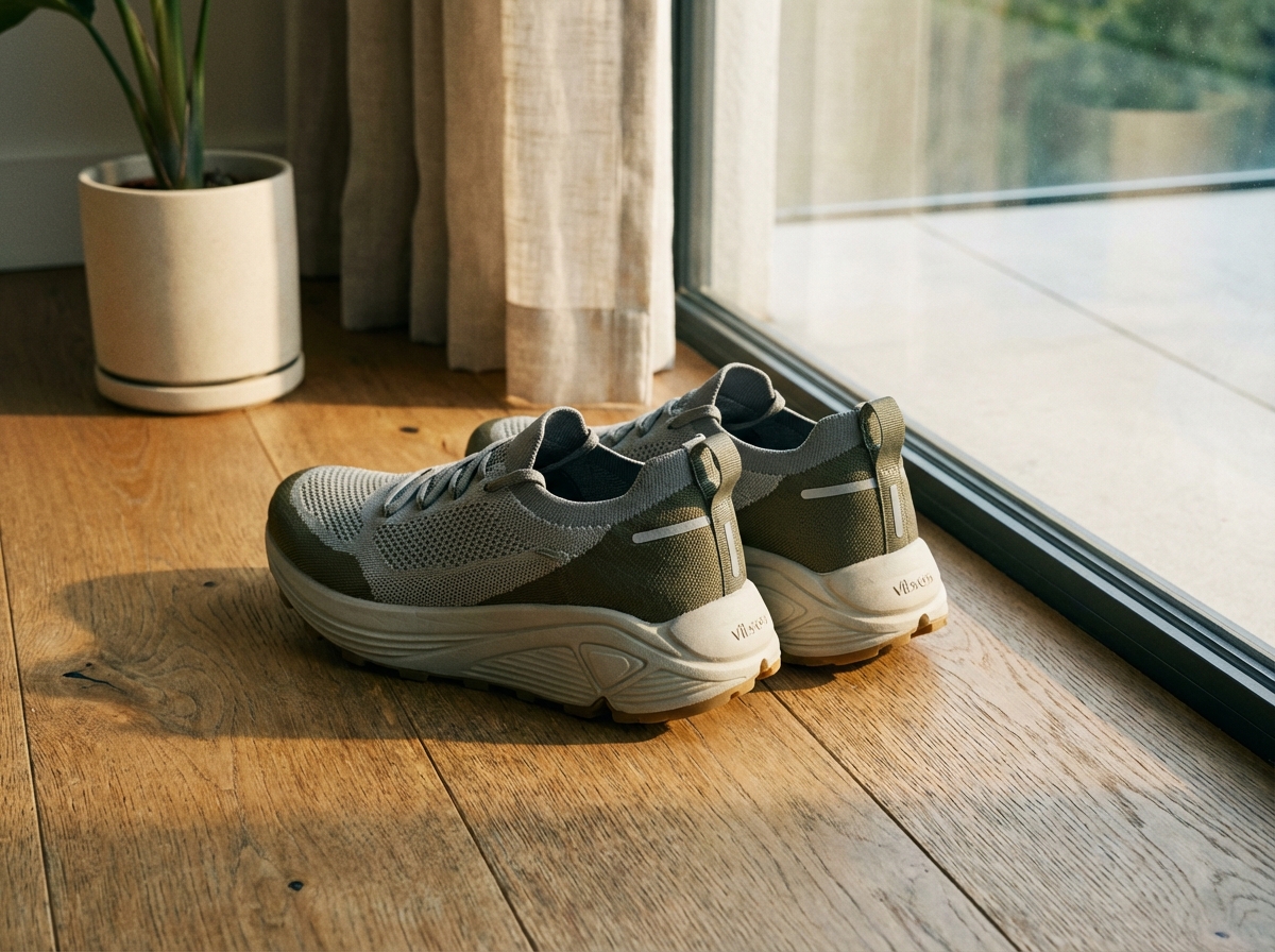 A pair of high-quality ergonomic walking shoes placed on a wooden floor near a window. Sunlight highlighting the cushioned sole and supportive design. Modern and clean aesthetic, 4:3 aspect ratio.
