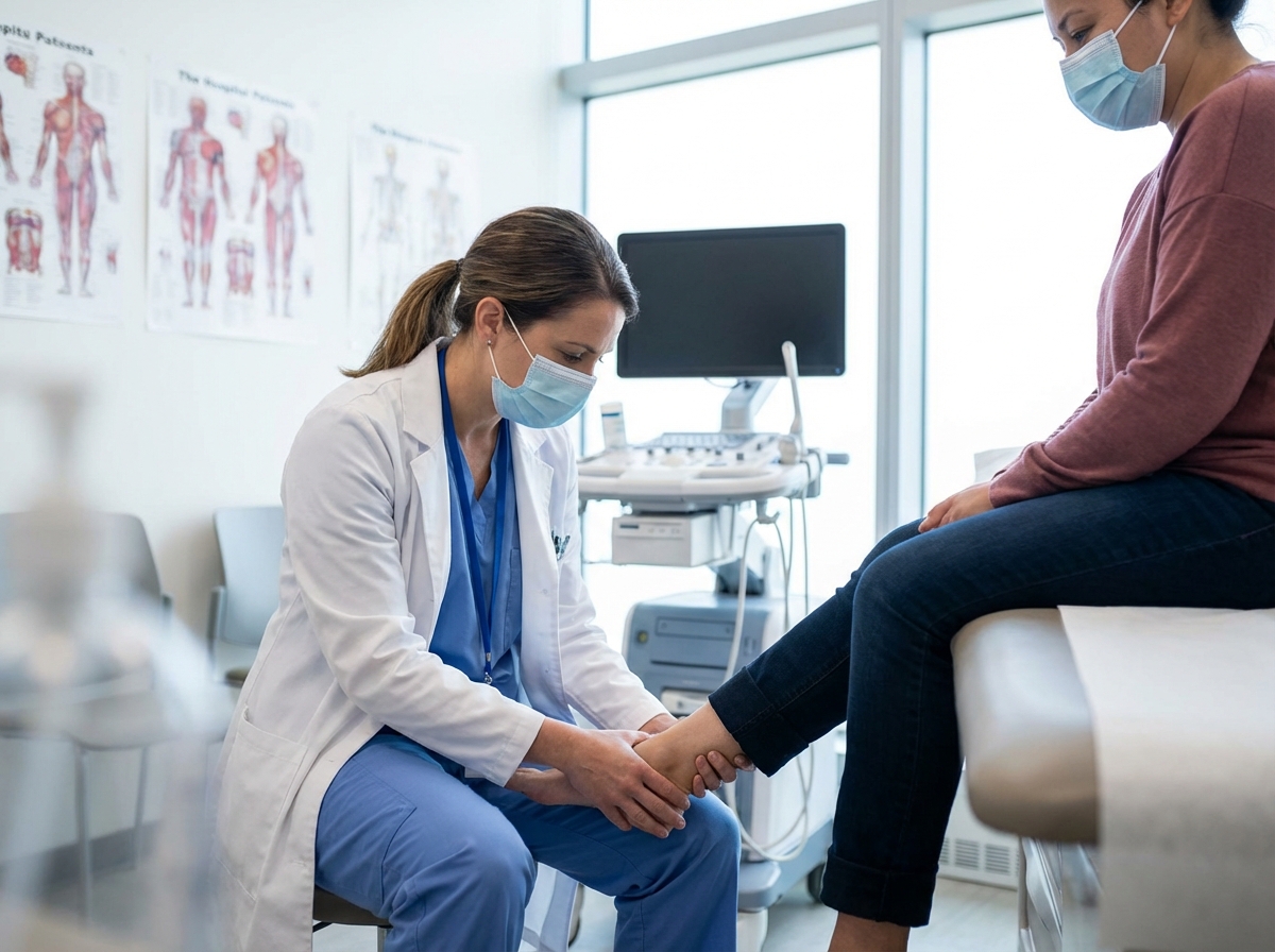 A professional medical setting where a doctor is gently examining a patient's ankle. Bright, clinical environment, focus on the interaction, professional and trustworthy atmosphere, 4:3 aspect ratio.
