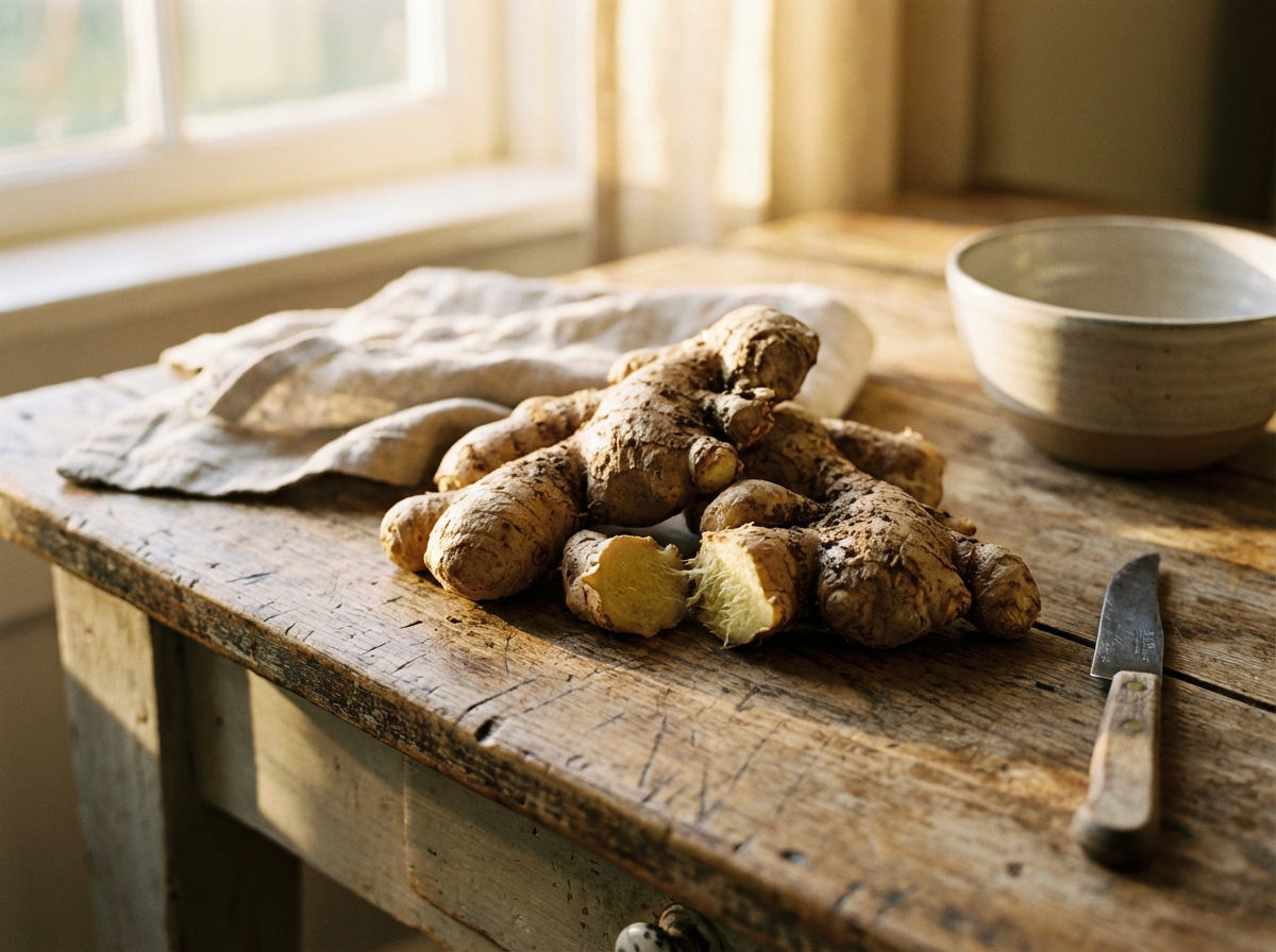 Fresh ginger roots on a rustic wooden table with soft warm sunlight, high quality lifestyle photography, 4:3, no visible text
