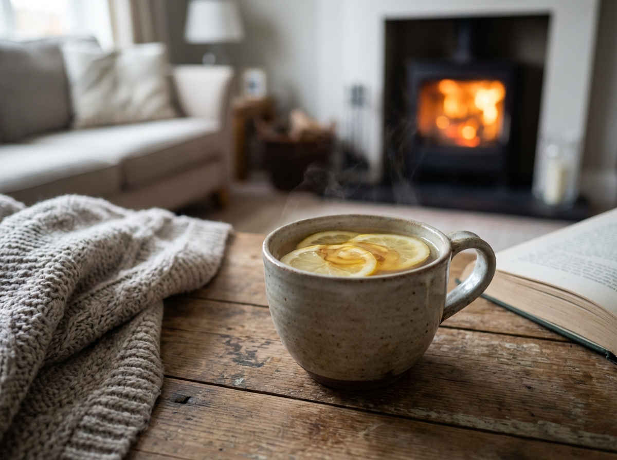 A warm cup of ginger tea with honey and lemon slices, cozy indoor atmosphere, soft lighting, 4:3, no visible text