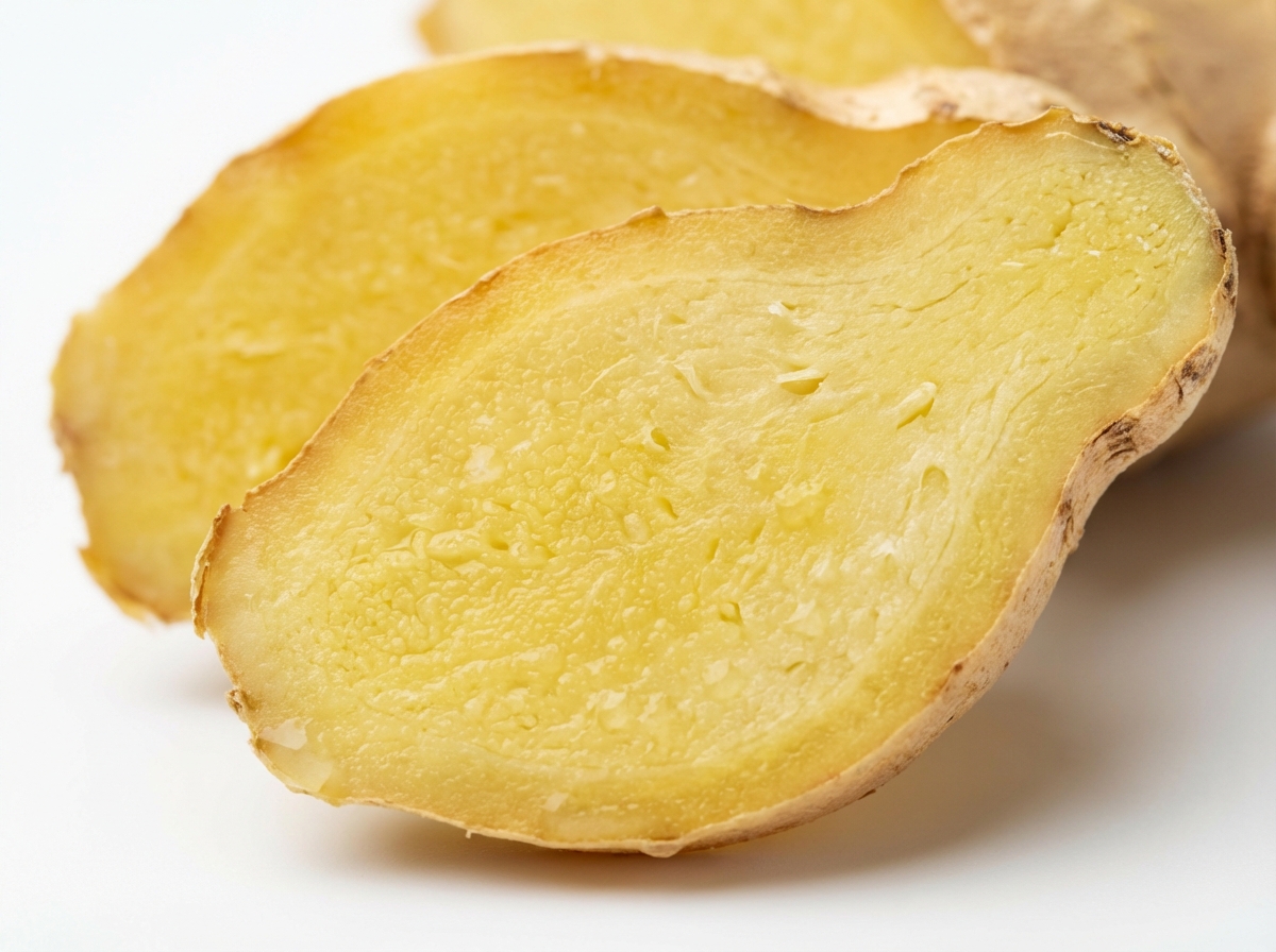 Macro shot of sliced fresh ginger showing fiber and texture, professional food photography, bright and clean background, 4:3, no visible text