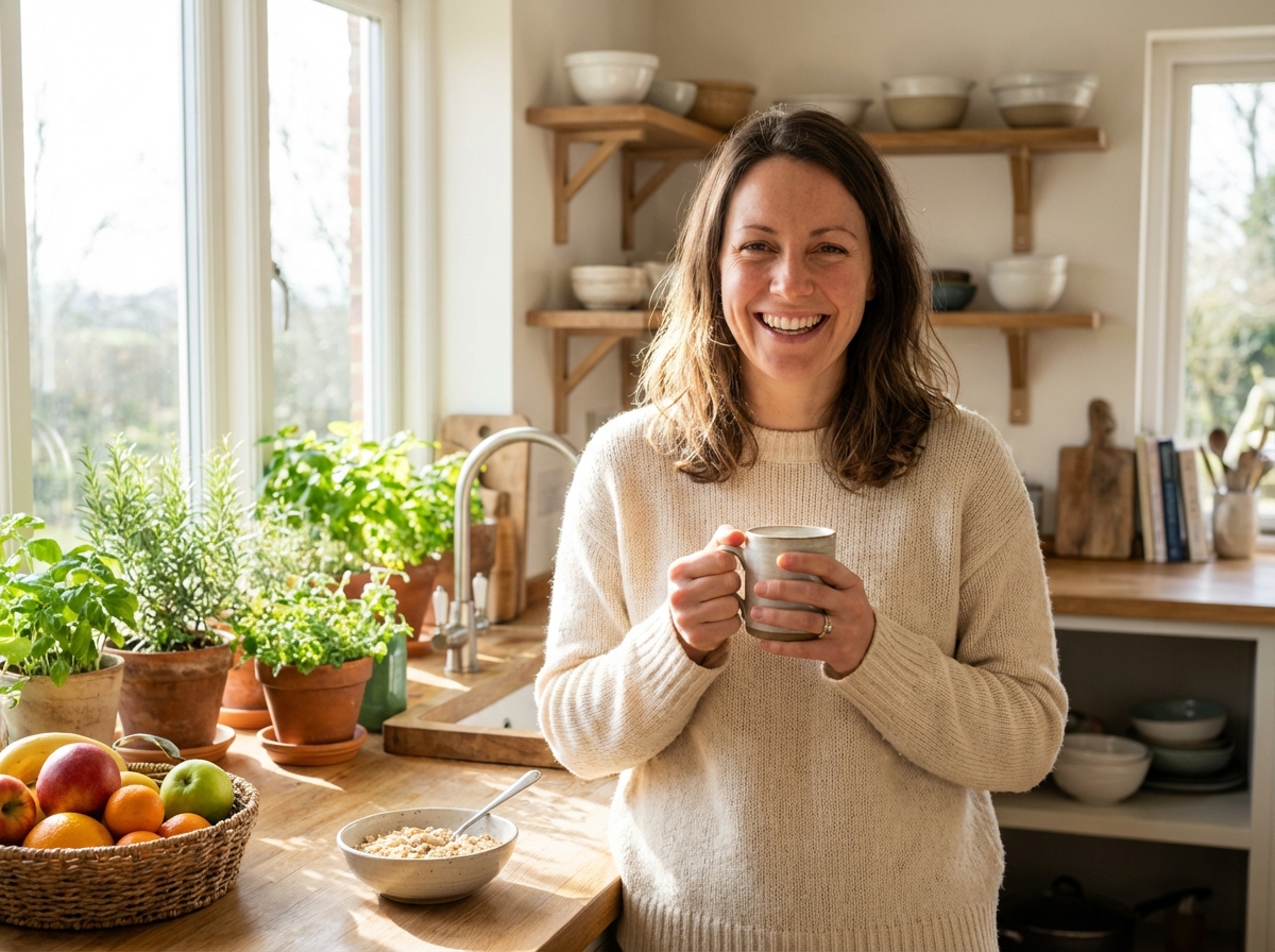 A healthy person smiling while holding a warm mug in a bright kitchen, natural lifestyle setting, high resolution, 4:3, no visible text