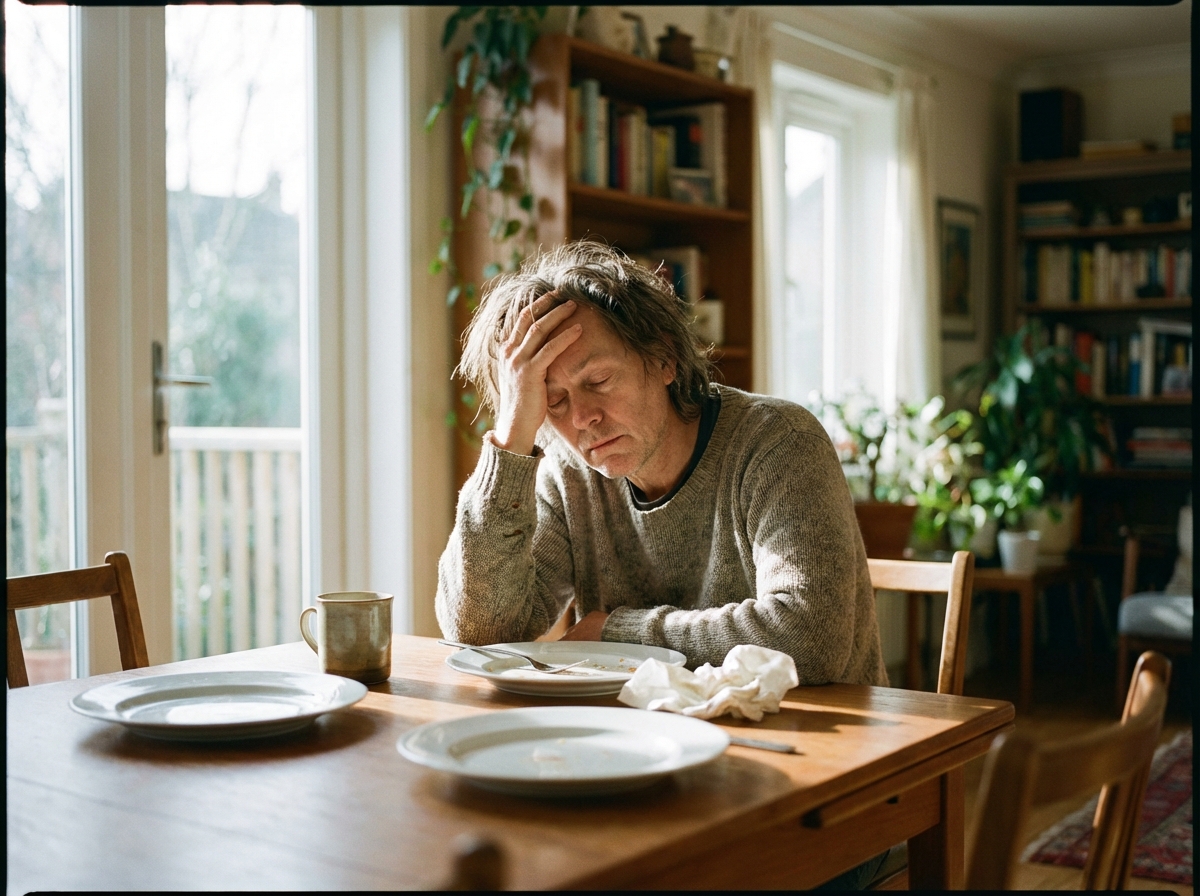 A middle aged person looking very exhausted and leaning their head on a hand at a dining table after finishing a meal, natural sunlight from a window, lifestyle photography, high quality, 4:3 aspect ratio, no text